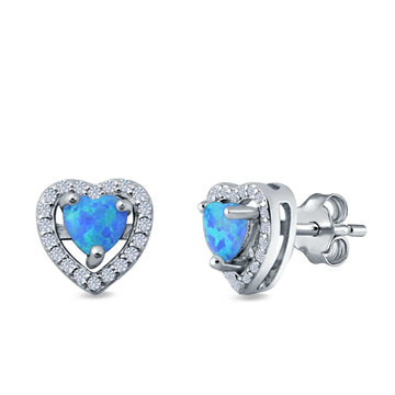 Halo Heart Stud Earrings Lab Created Blue Opal Simulated CZ 925 Sterling Silver